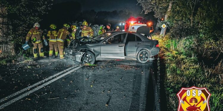 Cudem uniknął tragedii pod Gnieznem. Auto dachowało po uderzeniu w drzewo